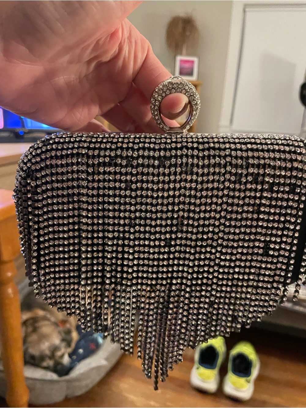 Sparkling Rhinestone Fringe Ring-Top Clutch - Black Silver